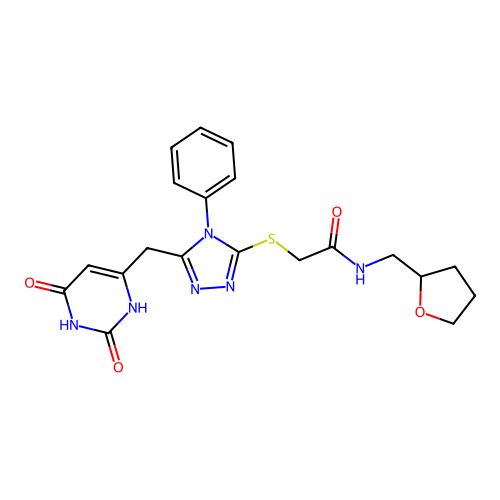 2-[[5-[(2,4-dioxo-1H-pyrimidin-6-yl)methyl]-4-phenyl-1,2,4-triazol-3-yl]sulfanyl]-N-(oxolan-2-ylmethyl)acetamide structure