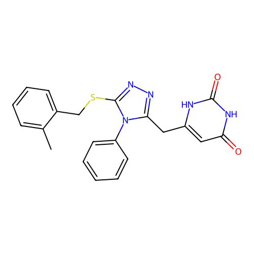 6-((5-((2-methylbenzyl)thio)-4-phenyl-4H-1,2,4-triazol-3-yl)methyl)pyrimidine-2,4(1H,3H)-dione structure