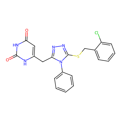 6-[[5-[(2-chlorophenyl)methylsulfanyl]-4-phenyl-1,2,4-triazol-3-yl]methyl]-1H-pyrimidine-2,4-dione structure