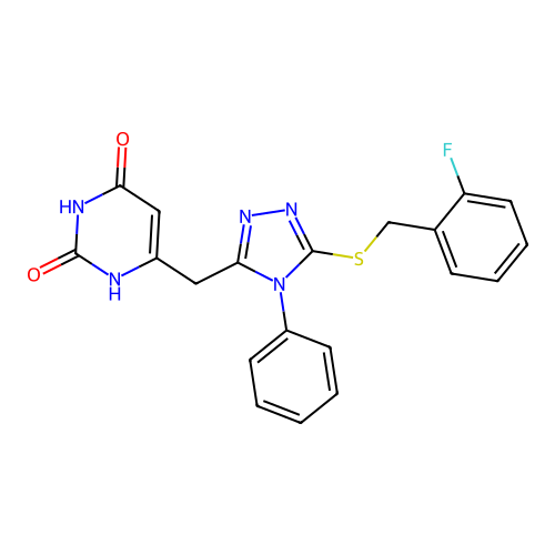 6-((5-((2-fluorobenzyl)thio)-4-phenyl-4H-1,2,4-triazol-3-yl)methyl)pyrimidine-2,4(1H,3H)-dione structure