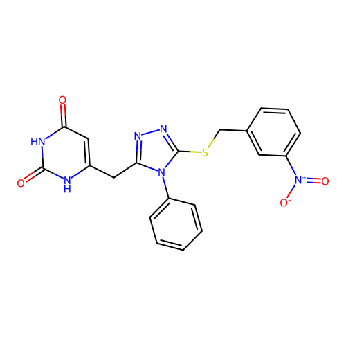6-[[5-[(3-nitrophenyl)methylsulfanyl]-4-phenyl-1,2,4-triazol-3-yl]methyl]-1H-pyrimidine-2,4-dione structure