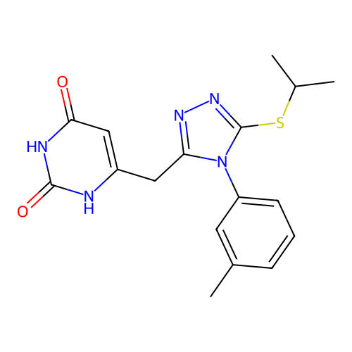 6-[[4-(3-methylphenyl)-5-(propan-2-ylthio)-1,2,4-triazol-3-yl]methyl]-1H-pyrimidine-2,4-dione structure