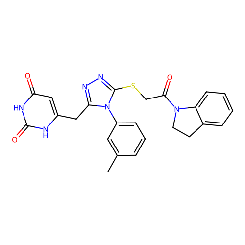 6-((5-((2-(indolin-1-yl)-2-oxoethyl)thio)-4-(m-tolyl)-4H-1,2,4-triazol-3-yl)methyl)pyrimidine-2,4(1H,3H)-dione structure