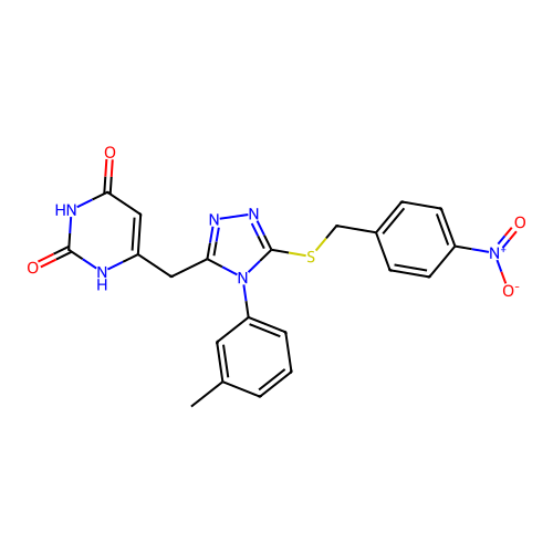 6-((5-((4-nitrobenzyl)thio)-4-(m-tolyl)-4H-1,2,4-triazol-3-yl)methyl)pyrimidine-2,4(1H,3H)-dione structure