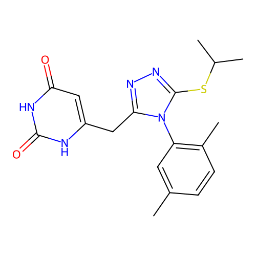 6-((4-(2,5-dimethylphenyl)-5-(isopropylthio)-4H-1,2,4-triazol-3-yl)methyl)pyrimidine-2,4(1H,3H)-dione structure