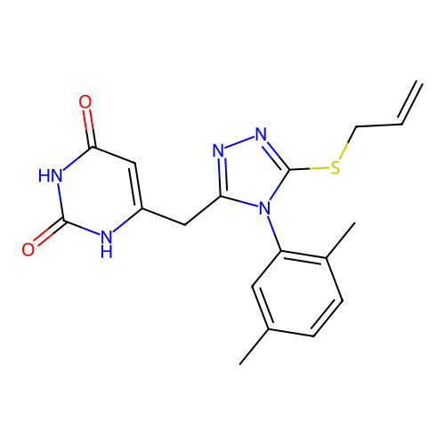 6-[[4-(2,5-dimethylphenyl)-5-prop-2-enylsulfanyl-1,2,4-triazol-3-yl]methyl]-1H-pyrimidine-2,4-dione structure