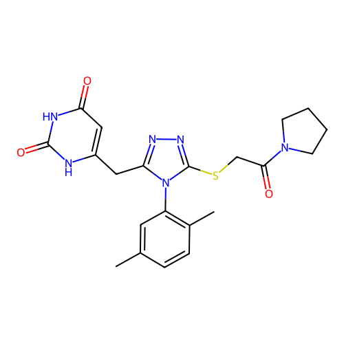 6-((4-(2,5-dimethylphenyl)-5-((2-oxo-2-(pyrrolidin-1-yl)ethyl)thio)-4H-1,2,4-triazol-3-yl)methyl)pyrimidine-2,4(1H,3H)-dione structure