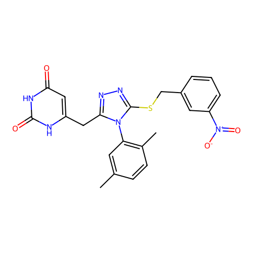 6-((4-(2,5-dimethylphenyl)-5-((3-nitrobenzyl)thio)-4H-1,2,4-triazol-3-yl)methyl)pyrimidine-2,4(1H,3H)-dione structure