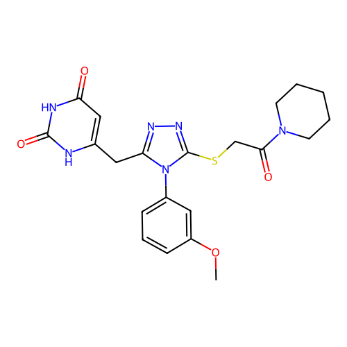 6-((4-(3-methoxyphenyl)-5-((2-oxo-2-(piperidin-1-yl)ethyl)thio)-4H-1,2,4-triazol-3-yl)methyl)pyrimidine-2,4(1H,3H)-dione structure