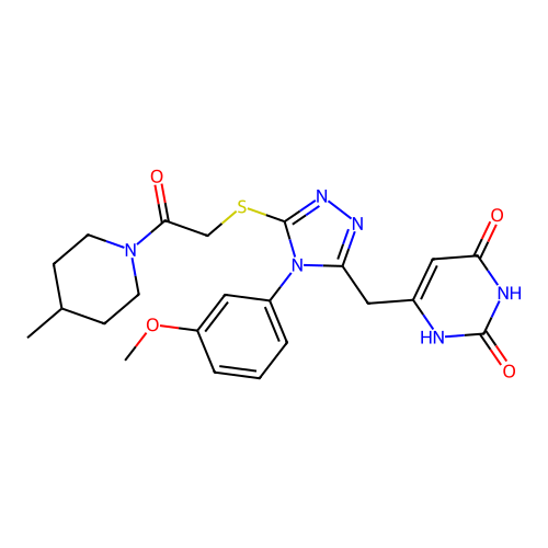 6-((4-(3-methoxyphenyl)-5-((2-(4-methylpiperidin-1-yl)-2-oxoethyl)thio)-4H-1,2,4-triazol-3-yl)methyl)pyrimidine-2,4(1H,3H)-dione structure
