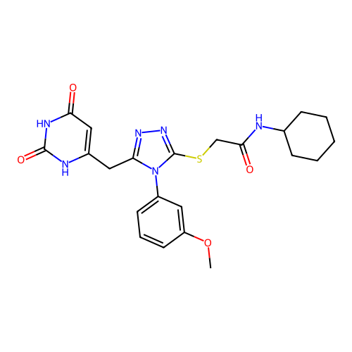 N-cyclohexyl-2-((5-((2,6-dioxo-1,2,3,6-tetrahydropyrimidin-4-yl)methyl)-4-(3-methoxyphenyl)-4H-1,2,4-triazol-3-yl)thio)acetamide structure
