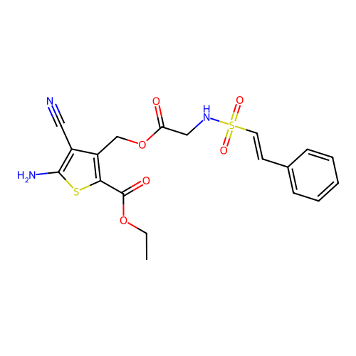 ethyl 5-amino-4-cyano-3-({[2-(2-phenylethenesulfonamido)acetyl]oxy}methyl)thiophene-2-carboxylate structure