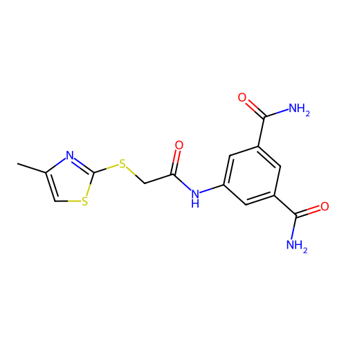 5-[[2-[(4-methyl-1,3-thiazol-2-yl)sulfanyl]acetyl]amino]benzene-1,3-dicarboxamide structure
