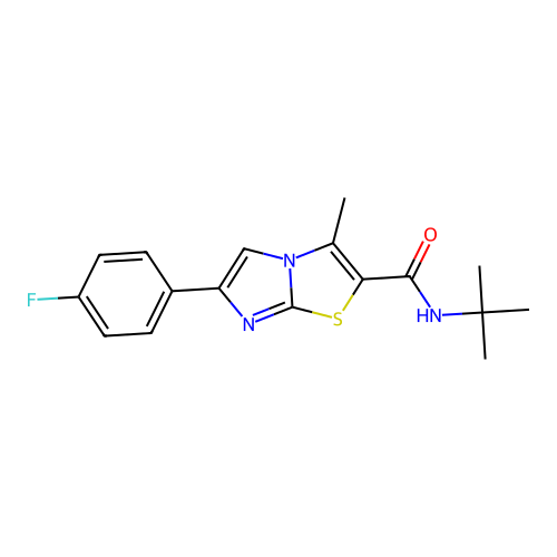 N-tert-butyl-6-(4-fluorophenyl)-3-methylimidazo[2,1-b][1,3]thiazole-2-carboxamide structure