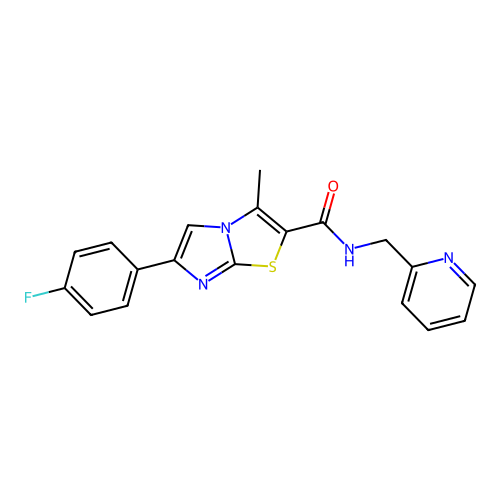 6-(4-fluorophenyl)-3-methyl-N-(pyridin-2-ylmethyl)imidazo[2,1-b][1,3]thiazole-2-carboxamide structure
