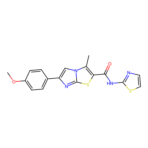 6-(4-methoxyphenyl)-3-methyl-N-(1,3-thiazol-2-yl)imidazo[2,1-b][1,3]thiazole-2-carboxamide structure