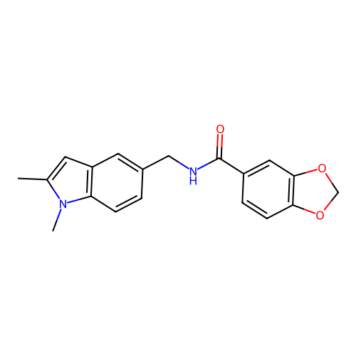 N-[(1,2-dimethylindol-5-yl)methyl]-1,3-benzodioxole-5-carboxamide structure