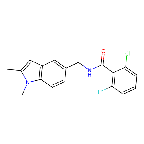 2-chloro-N-[(1,2-dimethylindol-5-yl)methyl]-6-fluorobenzamide structure