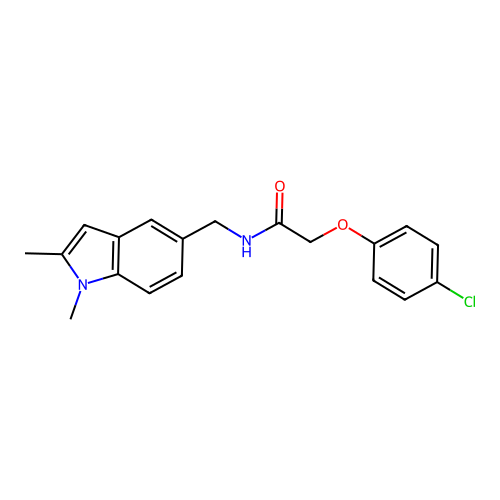 2-(4-chlorophenoxy)-N-[(1,2-dimethylindol-5-yl)methyl]acetamide structure