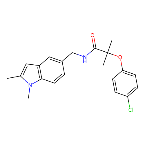 2-(4-chlorophenoxy)-N-((1,2-dimethyl-1H-indol-5-yl)methyl)-2-methylpropanamide structure