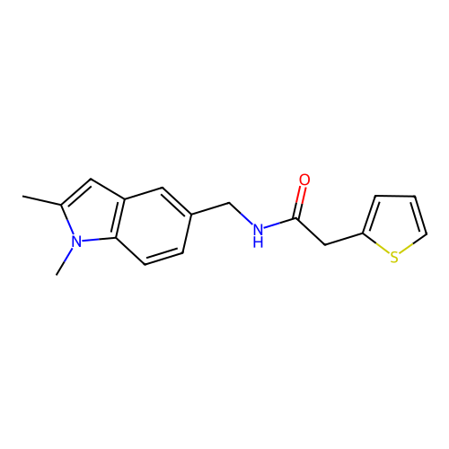 N-[(1,2-dimethylindol-5-yl)methyl]-2-thiophen-2-ylacetamide structure