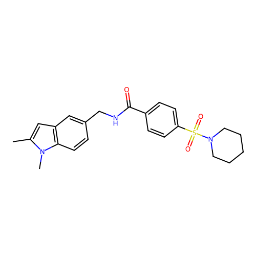 N-[(1,2-dimethylindol-5-yl)methyl]-4-piperidin-1-ylsulfonylbenzamide structure