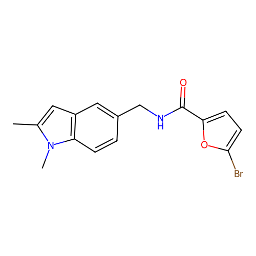 5-bromo-N-[(1,2-dimethyl-5-indolyl)methyl]-2-furancarboxamide structure