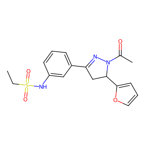 N-[3-[2-acetyl-3-(furan-2-yl)-3,4-dihydropyrazol-5-yl]phenyl]ethanesulfonamide structure