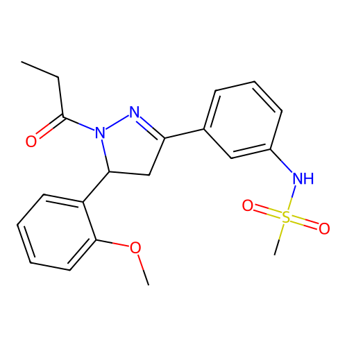 N-{3-[5-(2-methoxyphenyl)-1-propanoyl-4,5-dihydro-1H-pyrazol-3-yl]phenyl}methanesulfonamide structure