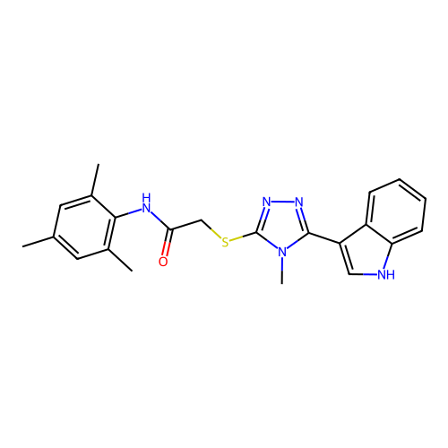 2-((5-(1H-indol-3-yl)-4-methyl-4H-1,2,4-triazol-3-yl)thio)-N-mesitylacetamide structure