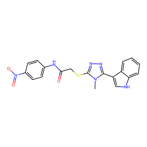 2-((5-(1H-indol-3-yl)-4-methyl-4H-1,2,4-triazol-3-yl)thio)-N-(4-nitrophenyl)acetamide structure