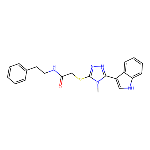 2-((5-(1H-indol-3-yl)-4-methyl-4H-1,2,4-triazol-3-yl)thio)-N-phenethylacetamide structure