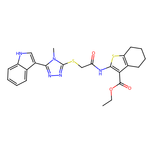 ethyl 2-(2-((5-(1H-indol-3-yl)-4-methyl-4H-1,2,4-triazol-3-yl)thio)acetamido)-4,5,6,7-tetrahydrobenzo[b]thiophene-3-carboxylate structure