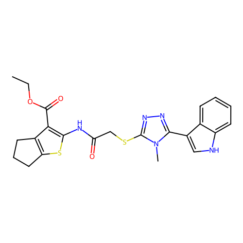 ethyl 2-(2-((5-(1H-indol-3-yl)-4-methyl-4H-1,2,4-triazol-3-yl)thio)acetamido)-5,6-dihydro-4H-cyclopenta[b]thiophene-3-carboxylate structure