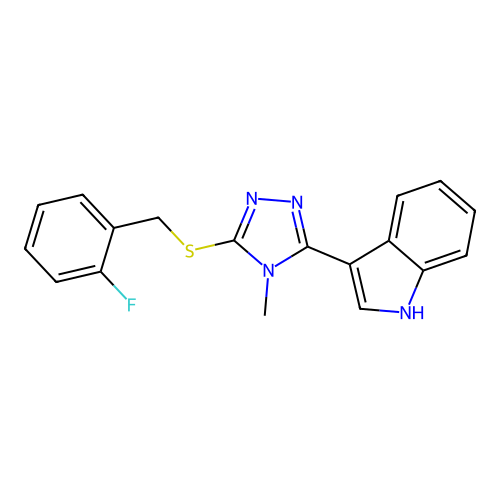 3-(5-((2-fluorobenzyl)thio)-4-methyl-4H-1,2,4-triazol-3-yl)-1H-indole structure