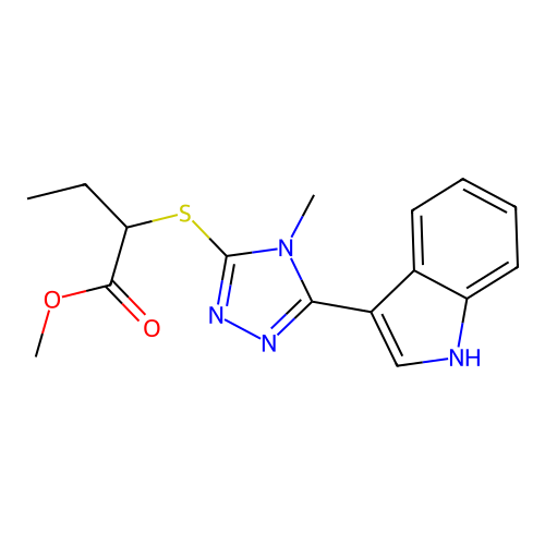 methyl 2-((5-(1H-indol-3-yl)-4-methyl-4H-1,2,4-triazol-3-yl)thio)butanoate structure