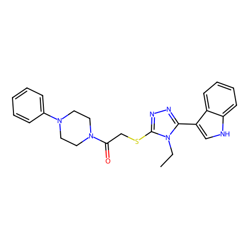 2-((4-ethyl-5-(1H-indol-3-yl)-4H-1,2,4-triazol-3-yl)thio)-1-(4-phenylpiperazin-1-yl)ethanone structure