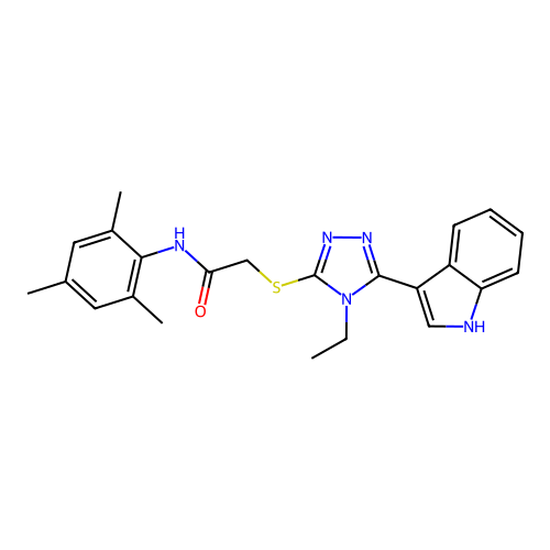 2-((4-ethyl-5-(1H-indol-3-yl)-4H-1,2,4-triazol-3-yl)thio)-N-mesitylacetamide structure