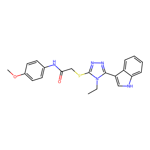 2-((4-ethyl-5-(1H-indol-3-yl)-4H-1,2,4-triazol-3-yl)thio)-N-(4-methoxyphenyl)acetamide structure