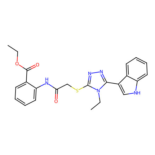 ethyl 2-(2-((4-ethyl-5-(1H-indol-3-yl)-4H-1,2,4-triazol-3-yl)thio)acetamido)benzoate structure