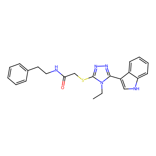2-((4-ethyl-5-(1H-indol-3-yl)-4H-1,2,4-triazol-3-yl)thio)-N-phenethylacetamide structure