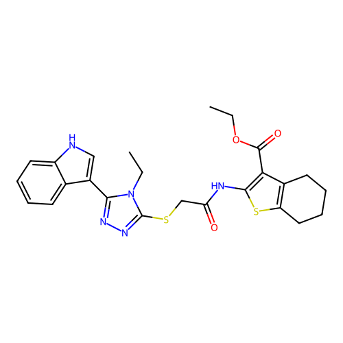 ethyl 2-(2-{[4-ethyl-5-(1H-indol-3-yl)-4H-1,2,4-triazol-3-yl]sulfanyl}acetamido)-4,5,6,7-tetrahydro-1-benzothiophene-3-carboxylate structure