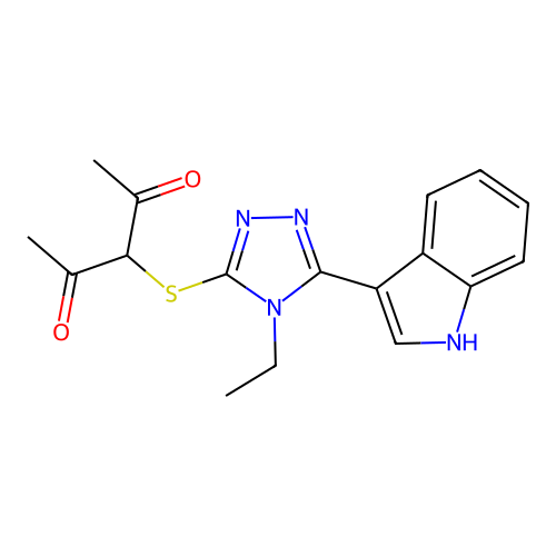 3-((4-ethyl-5-(1H-indol-3-yl)-4H-1,2,4-triazol-3-yl)thio)pentane-2,4-dione structure