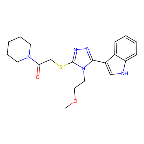 2-((5-(1H-indol-3-yl)-4-(2-methoxyethyl)-4H-1,2,4-triazol-3-yl)thio)-1-(piperidin-1-yl)ethanone structure