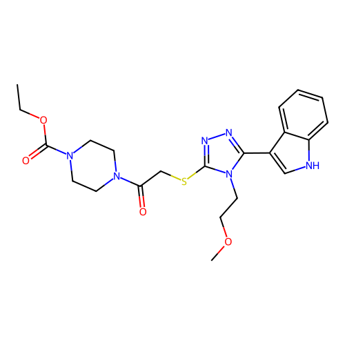 ethyl 4-({[5-(1H-indol-3-yl)-4-(2-methoxyethyl)-4H-1,2,4-triazol-3-yl]thio}acetyl)piperazine-1-carboxylate structure