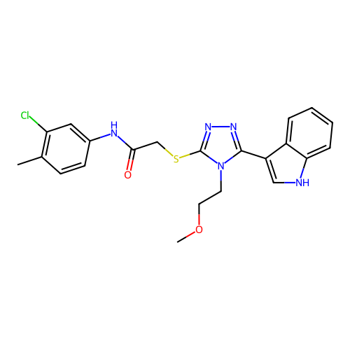 2-((5-(1H-indol-3-yl)-4-(2-methoxyethyl)-4H-1,2,4-triazol-3-yl)thio)-N-(3-chloro-4-methylphenyl)acetamide structure