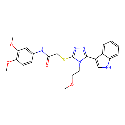 2-((5-(1H-indol-3-yl)-4-(2-methoxyethyl)-4H-1,2,4-triazol-3-yl)thio)-N-(3,4-dimethoxyphenyl)acetamide structure