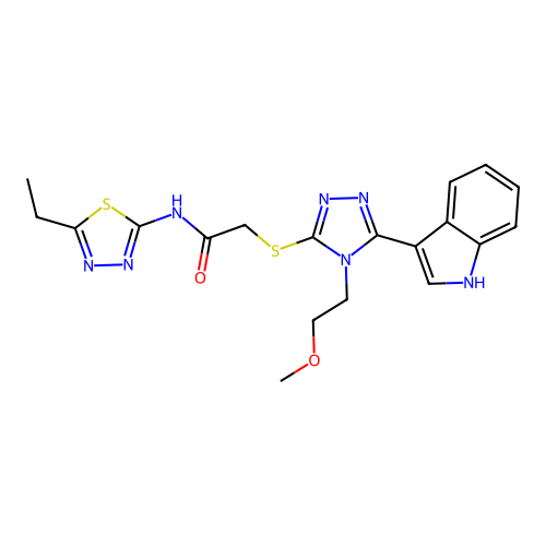 2-((5-(1H-indol-3-yl)-4-(2-methoxyethyl)-4H-1,2,4-triazol-3-yl)thio)-N-(5-ethyl-1,3,4-thiadiazol-2-yl)acetamide structure