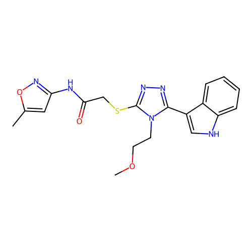 2-((5-(1H-indol-3-yl)-4-(2-methoxyethyl)-4H-1,2,4-triazol-3-yl)thio)-N-(5-methylisoxazol-3-yl)acetamide structure