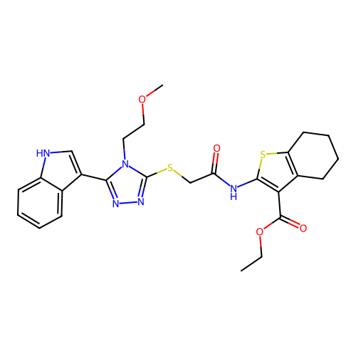 ethyl 2-(2-((5-(1H-indol-3-yl)-4-(2-methoxyethyl)-4H-1,2,4-triazol-3-yl)thio)acetamido)-4,5,6,7-tetrahydrobenzo[b]thiophene-3-carboxylate structure
